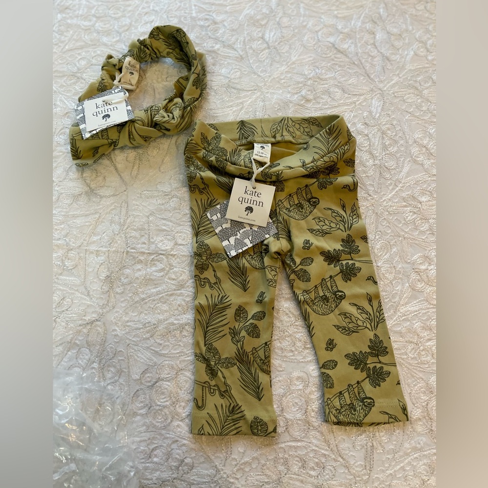 NWT Kate Quinn Olive Sloth & Branches Print Leggings (12-18M) & Headband (Sz L)